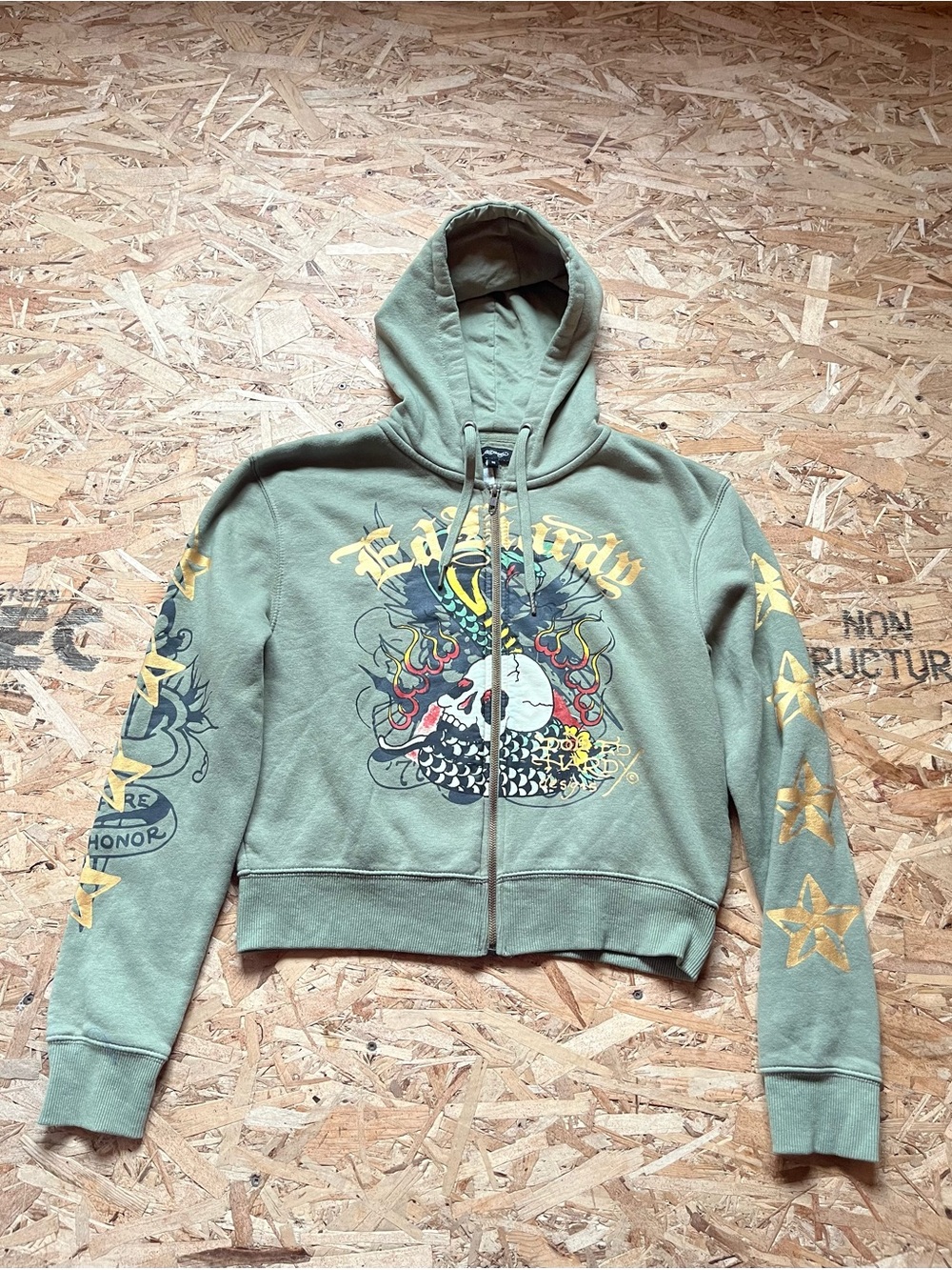 Ed Hardy Sage Green Graphic Zip Hoodie with Yellow Accents
